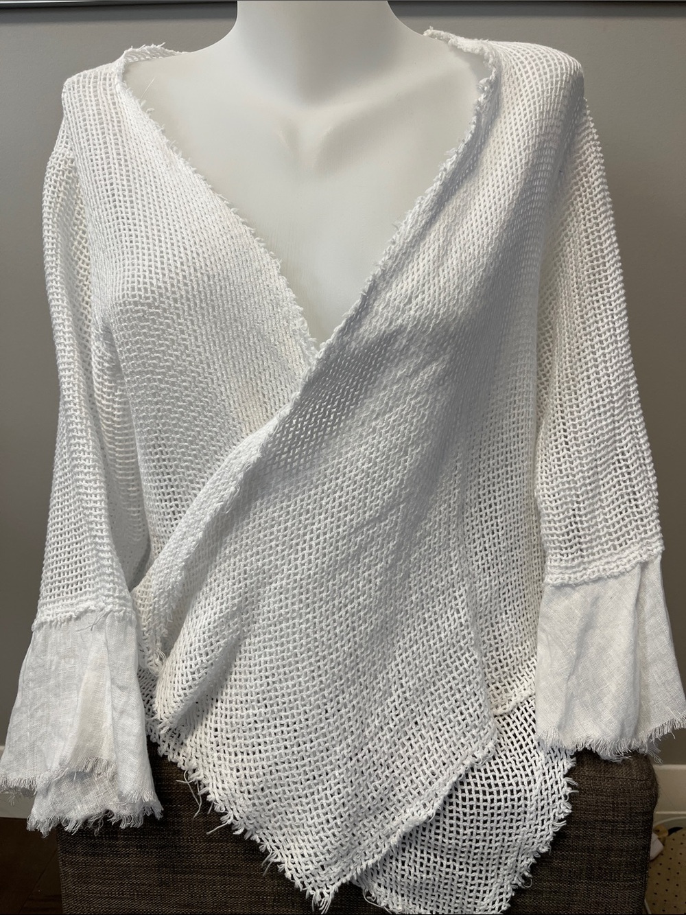 Meo Meli Italy White Fishnet Knit Open Front Cardigan Shrug M-L